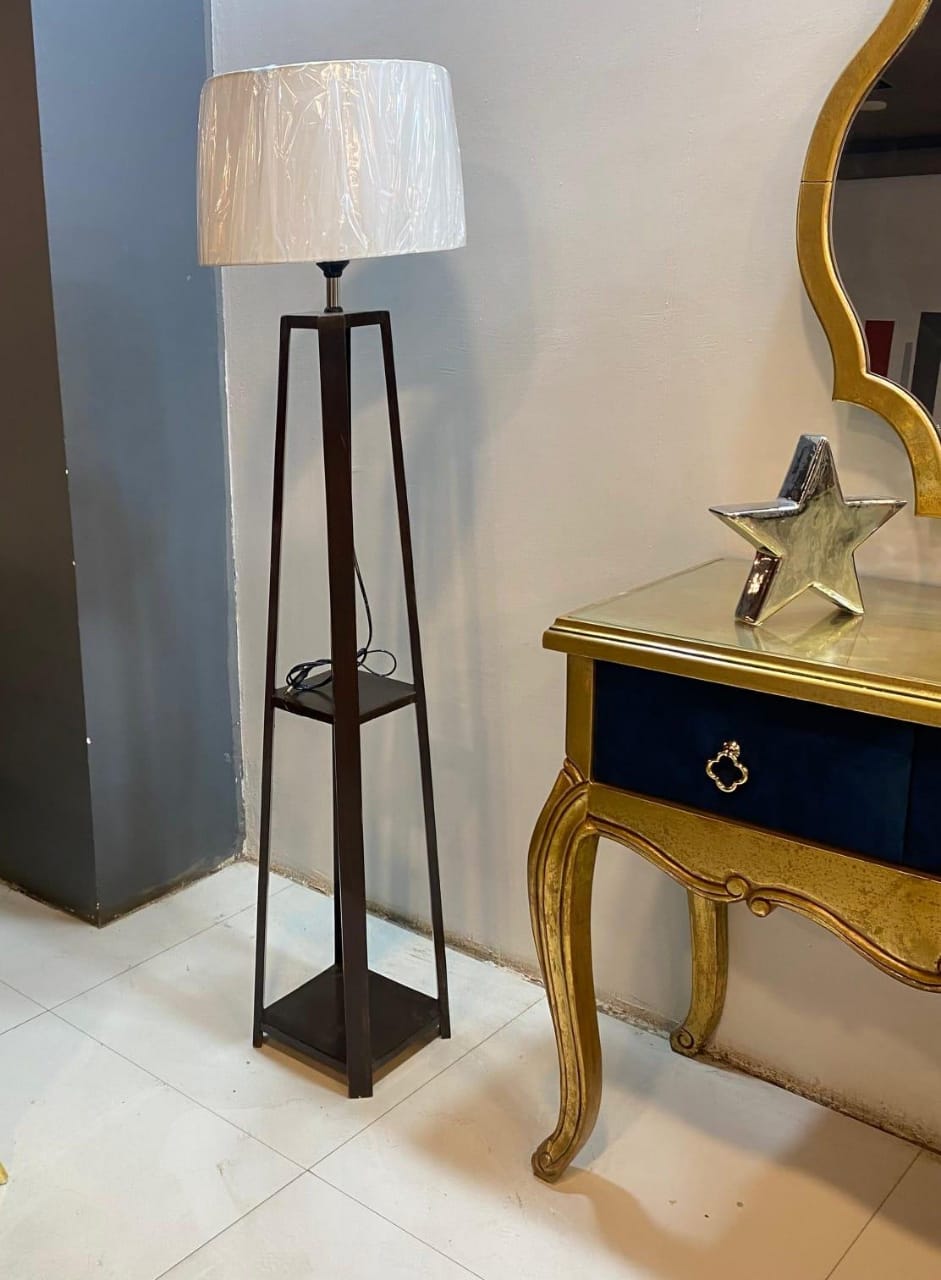 Modern 4-Leg Floor Lamp with Dual Shelves – Available in Dark Brown, Oak & Black